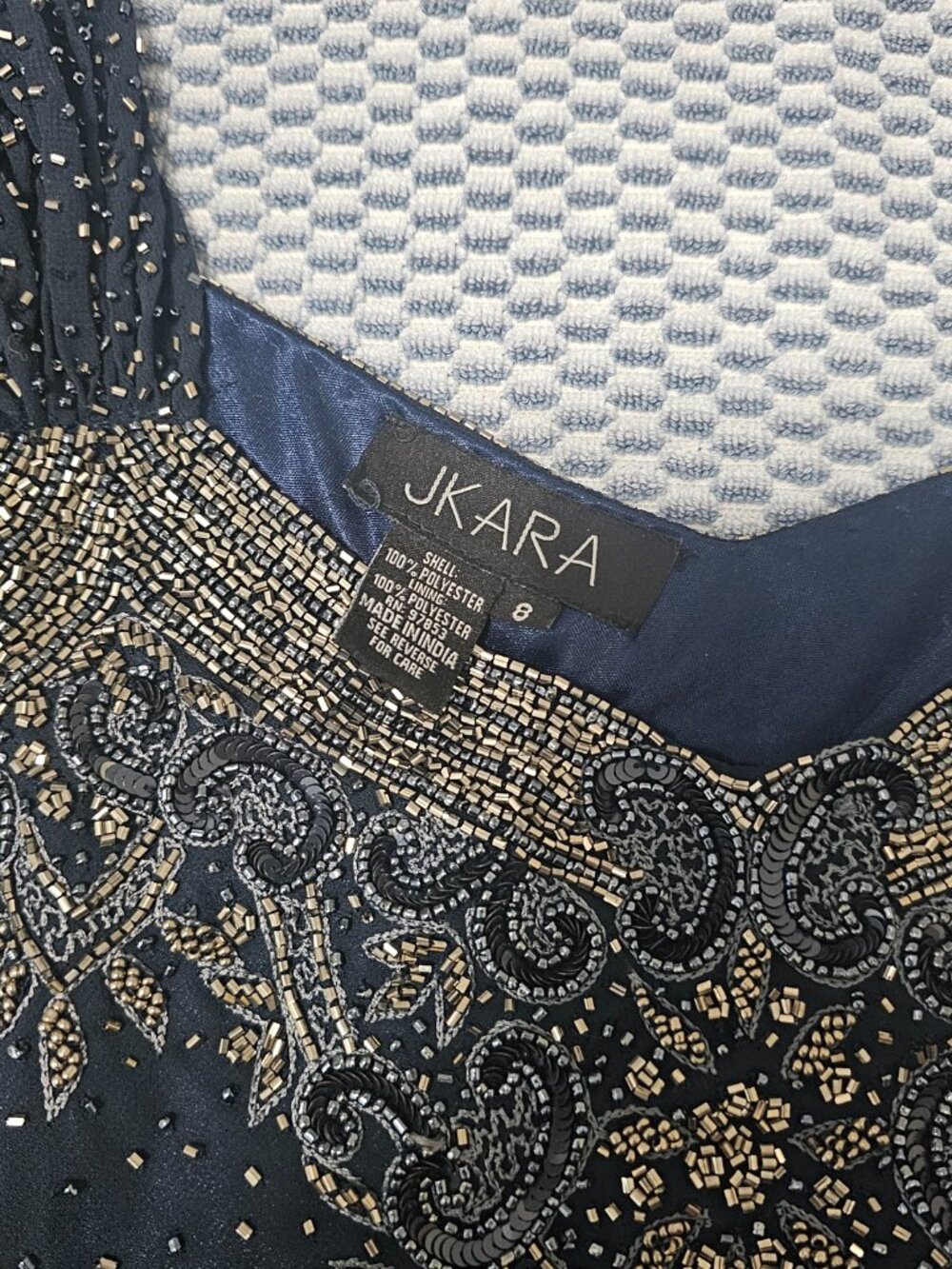 JKARA Navy Blue Long Sleeve Beaded Wedding Prom Formal Gown Women’s Dress Size 8 - Picture 4 of 7